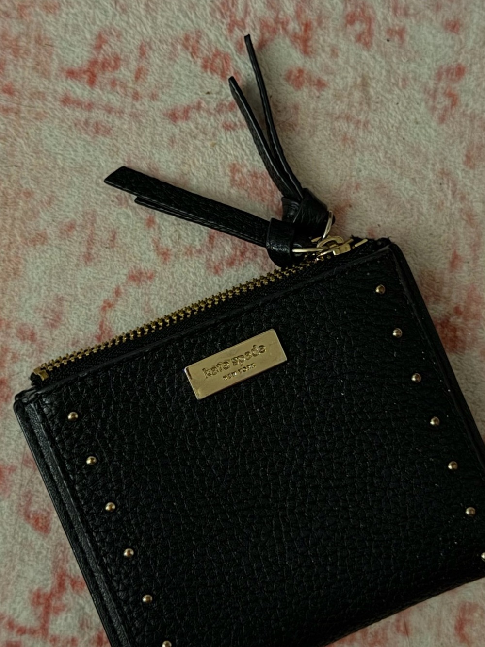 kate spade Black Pebbled Leather Stud Zip Card Wallet with Gold Plaque